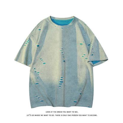 Men's blue loose fit ripped short sleeve cotton blend t-shirt on a hanger