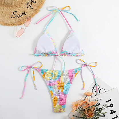 Women's triangle bag bikini swimsuit with floral gradient print and smocking craft detail