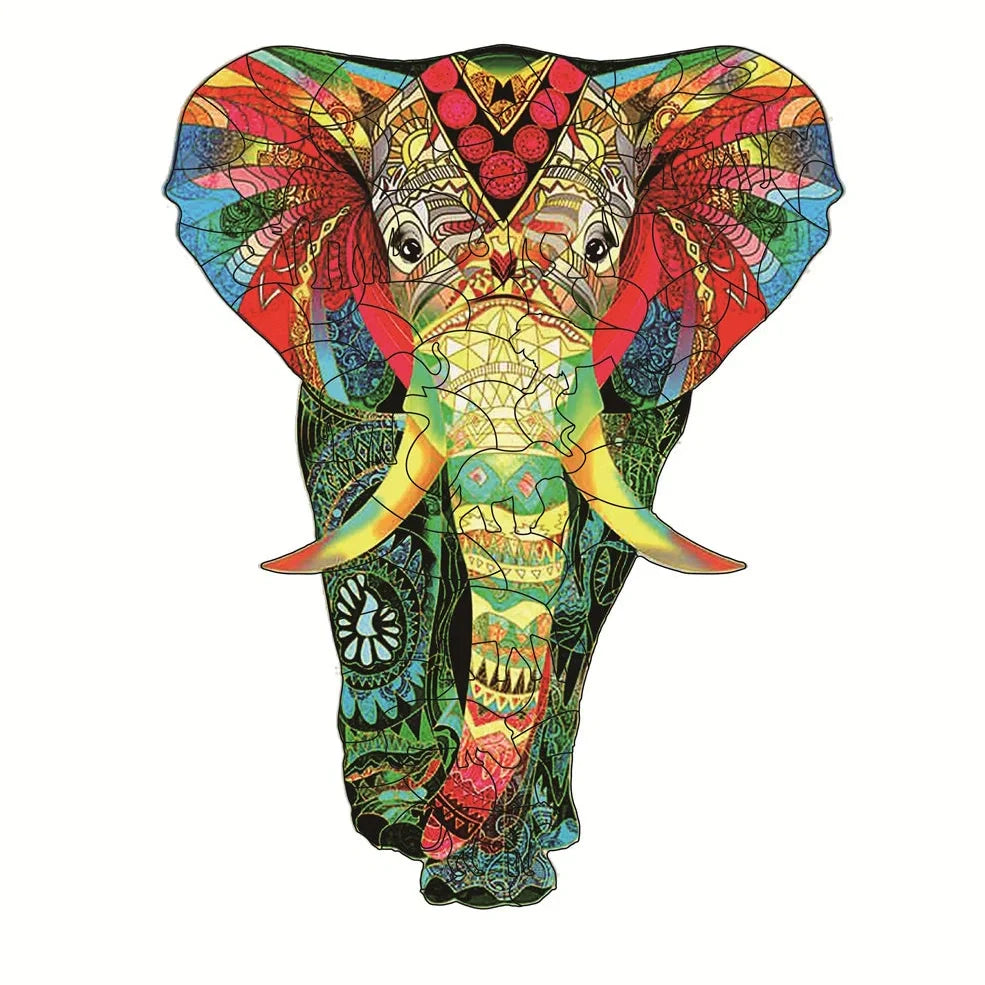 Wooden jigsaw puzzle with colourful elephant and turtle shaped pieces in A3, A4, A5 sizes