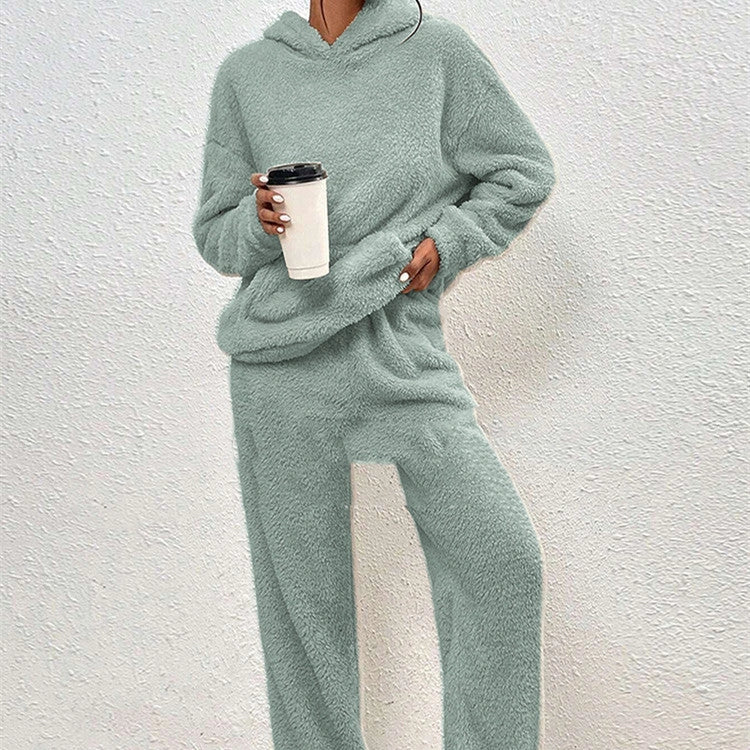 Fleece-lined hooded long sleeve trousers with dimensional patch pockets in black, emerald, light gray, caramel, and apricot