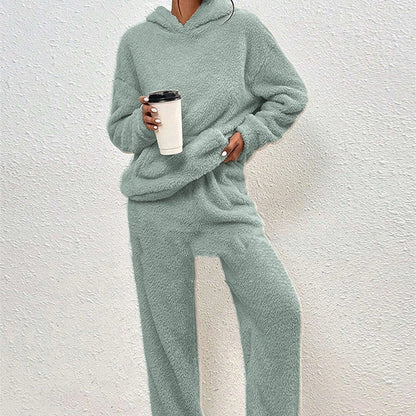 Fleece-lined hooded long sleeve trousers with dimensional patch pockets in black, emerald, light gray, caramel, and apricot