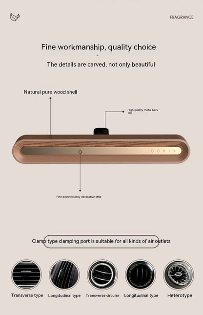 Car vent clip aromatherapy ornament in walnut or metallic grey with long strip design