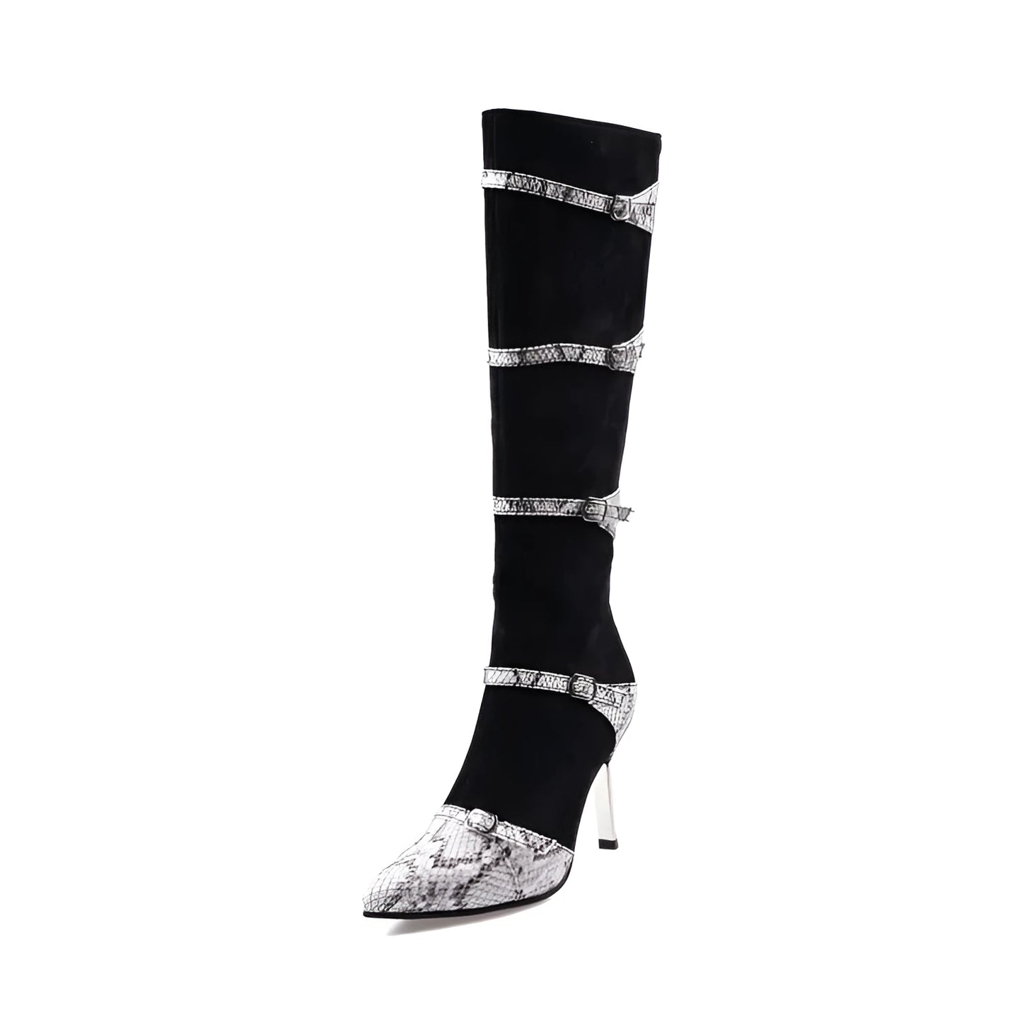 Women's grey and black knee-high boots with 9cm thin high heels, velvet lining, and rubber soles
