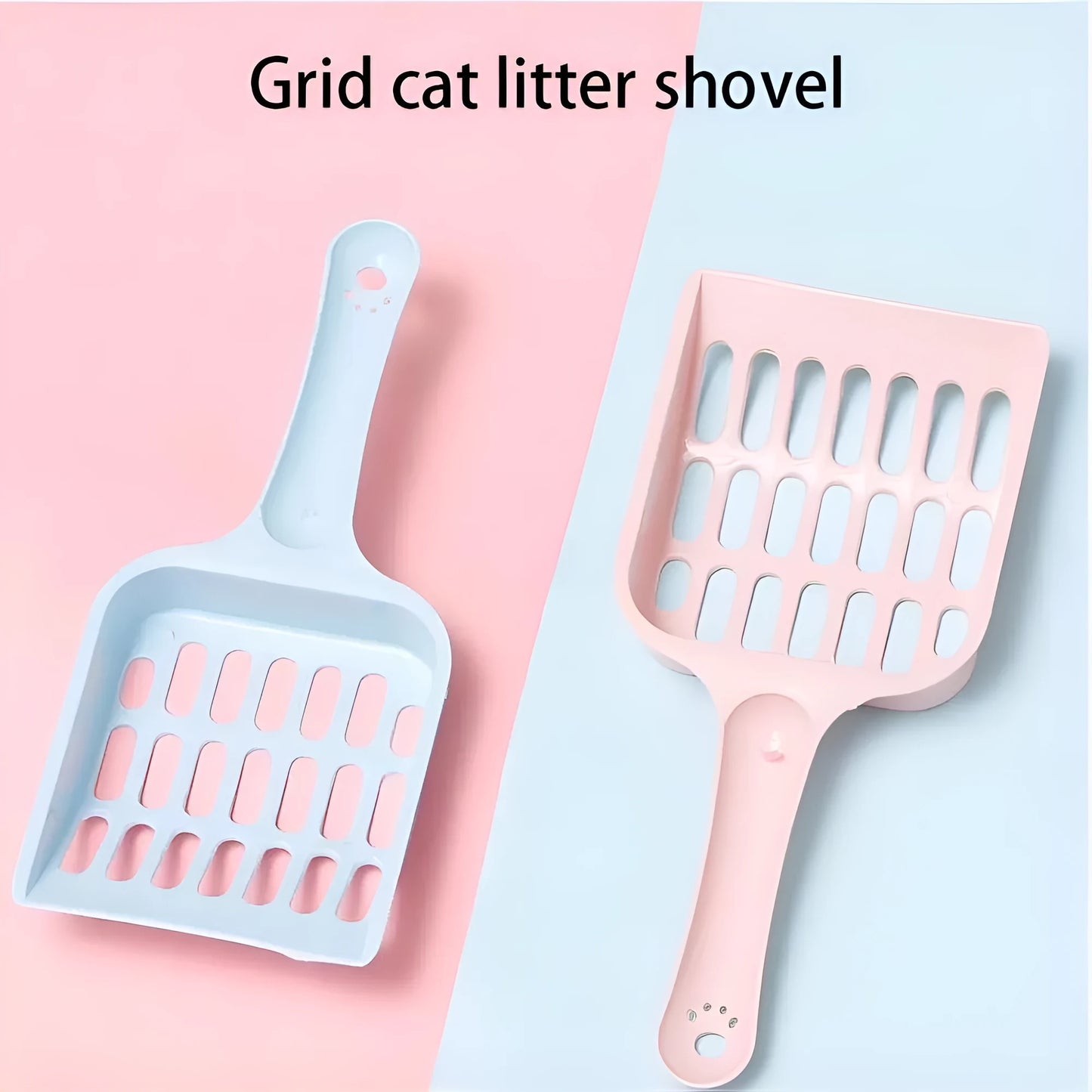 Blue plastic cat litter scoop with dimensions 20cm long by 9cm wide.