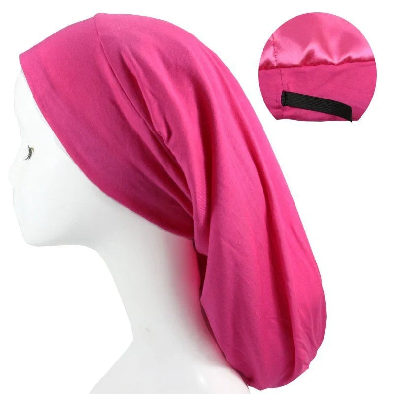 Adjustable satin-lined nightcap in various colors for women's hair care and relaxation