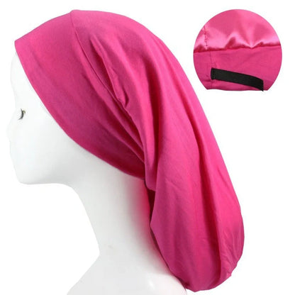 Adjustable satin-lined nightcap in various colors for women's hair care and relaxation