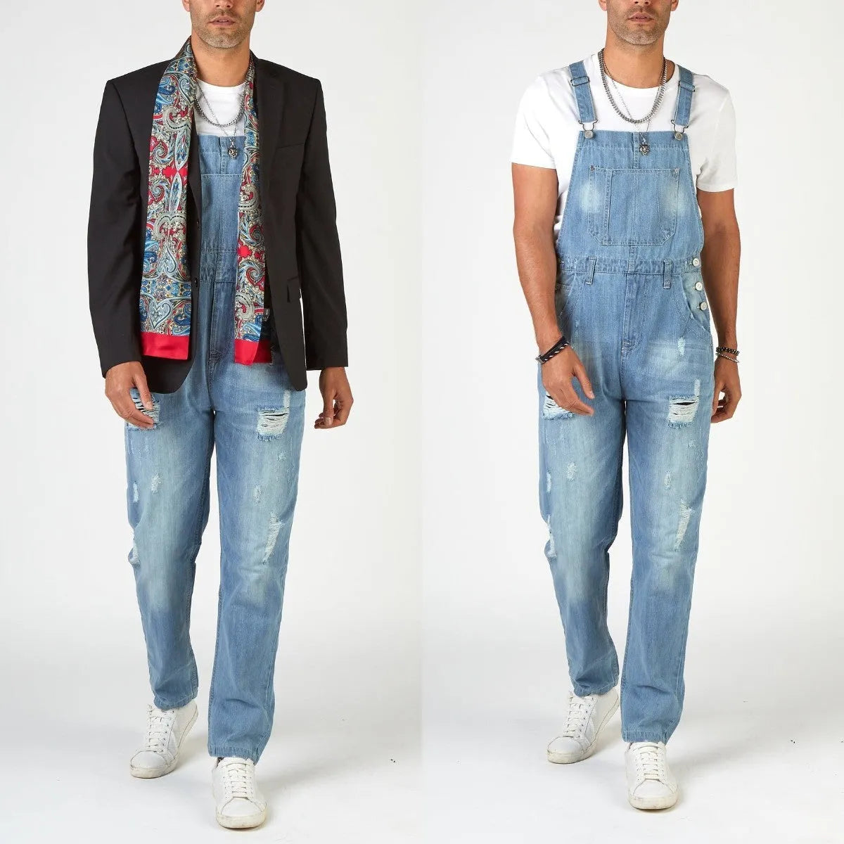 Light blue men's suspender jeans with ripped detailing and straight leg cut