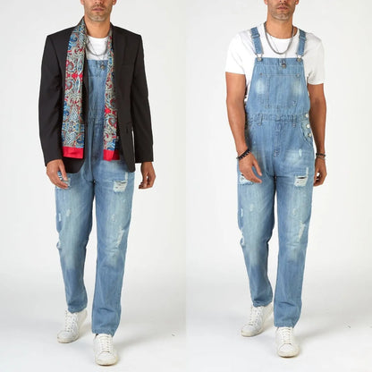 Light blue men's suspender jeans with ripped detailing and straight leg cut