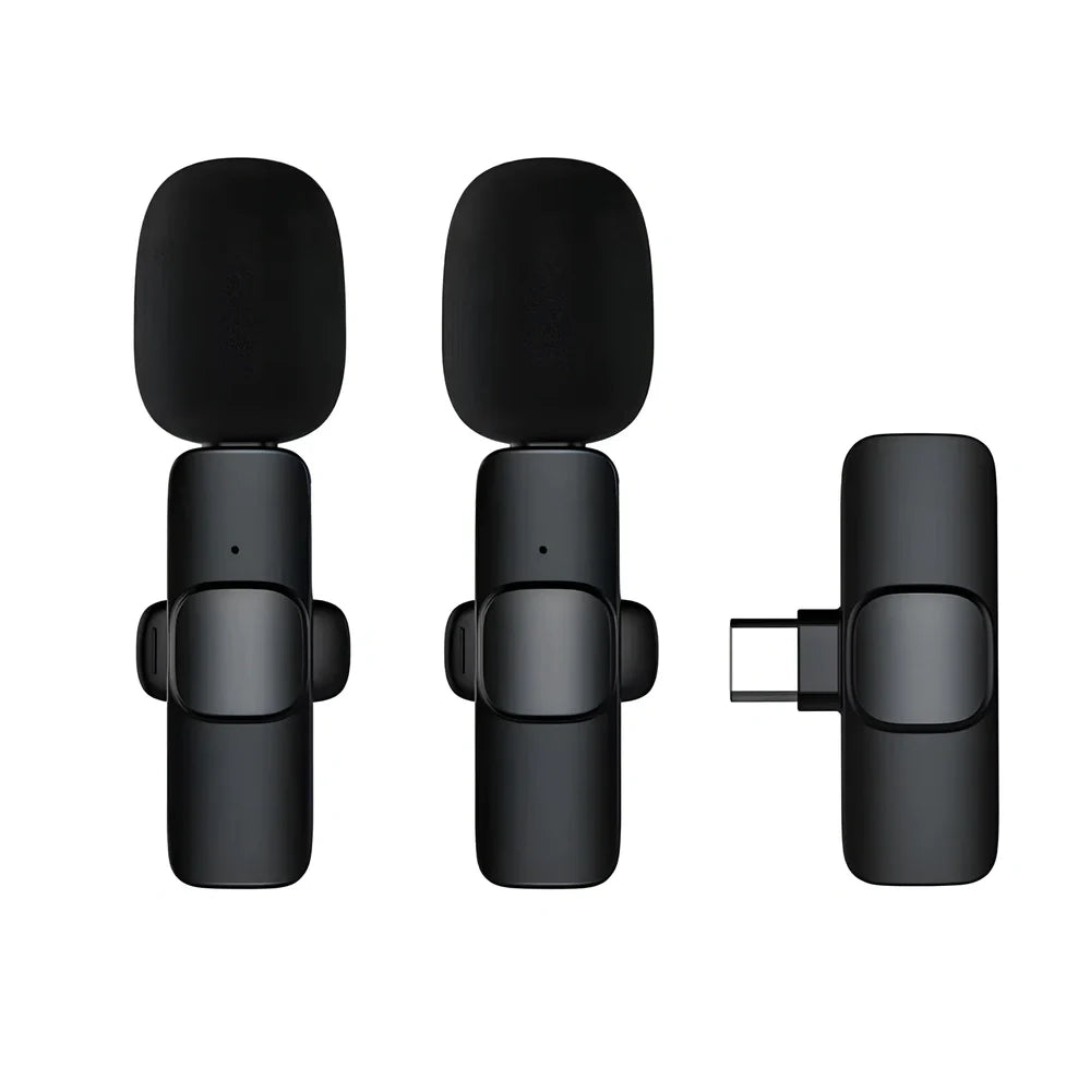 Wireless lavalier microphone with clip showing compact 130x90x25mm dimensions and multiple interface connectors