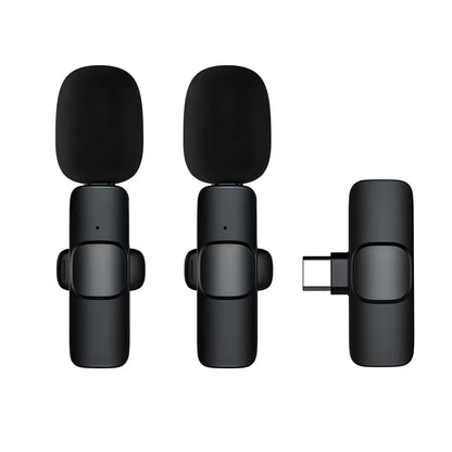 Wireless lavalier microphone with clip showing compact 130x90x25mm dimensions and multiple interface connectors