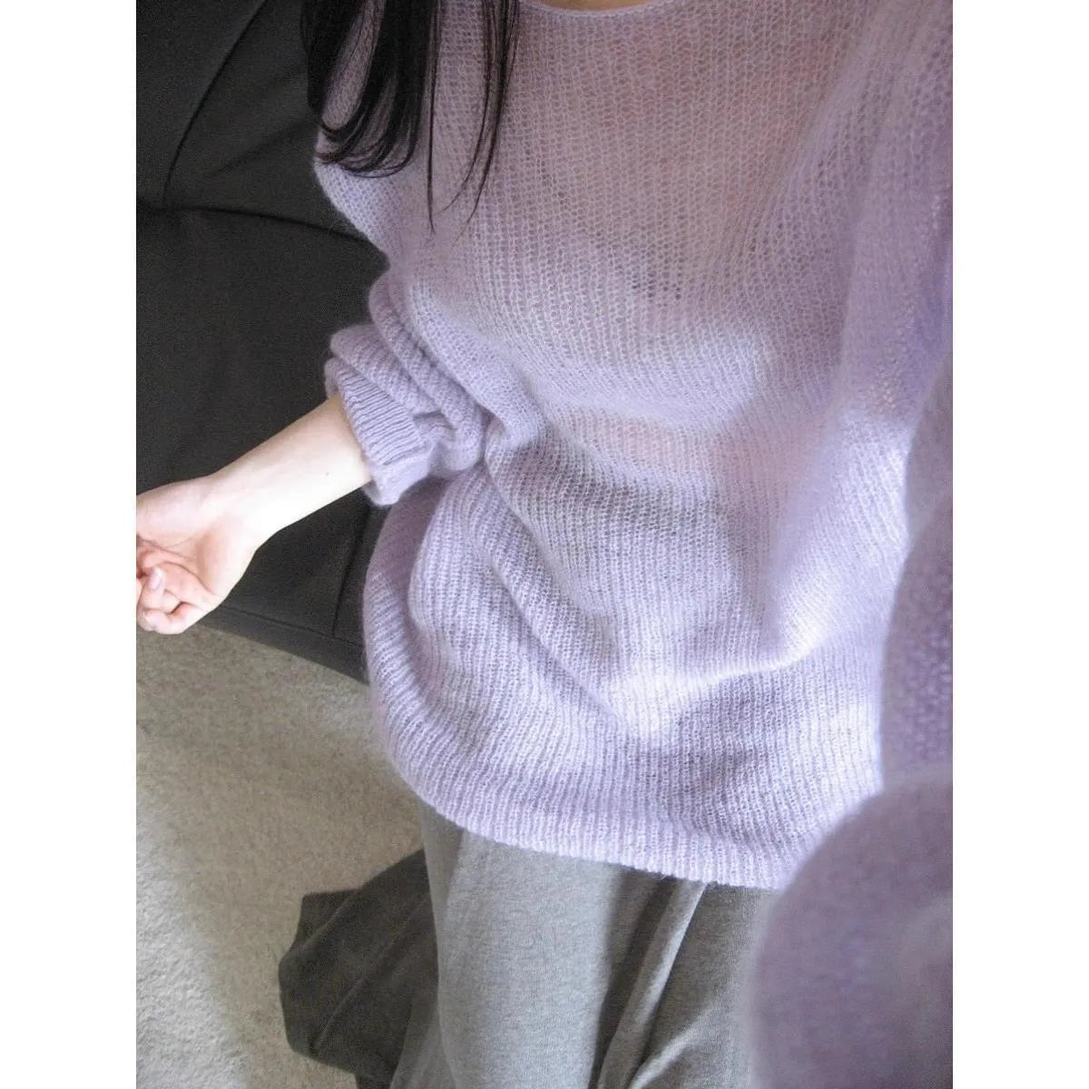 Women's purple blouse with round neck and princess sleeves, made from lightweight ice silk fabric