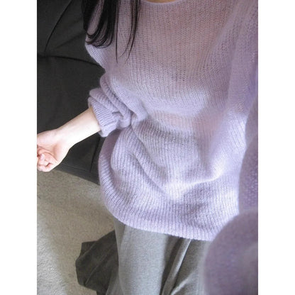 Women's purple blouse with round neck and princess sleeves, made from lightweight ice silk fabric