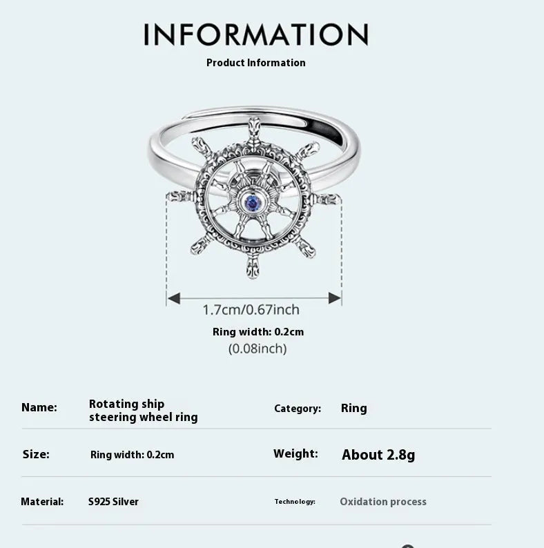 Silver rotatable rudder ring with inlaid zircon, open mouth size, colour SCR1141-E, women's retro style
