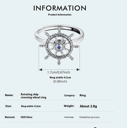 Silver rotatable rudder ring with inlaid zircon, open mouth size, colour SCR1141-E, women's retro style