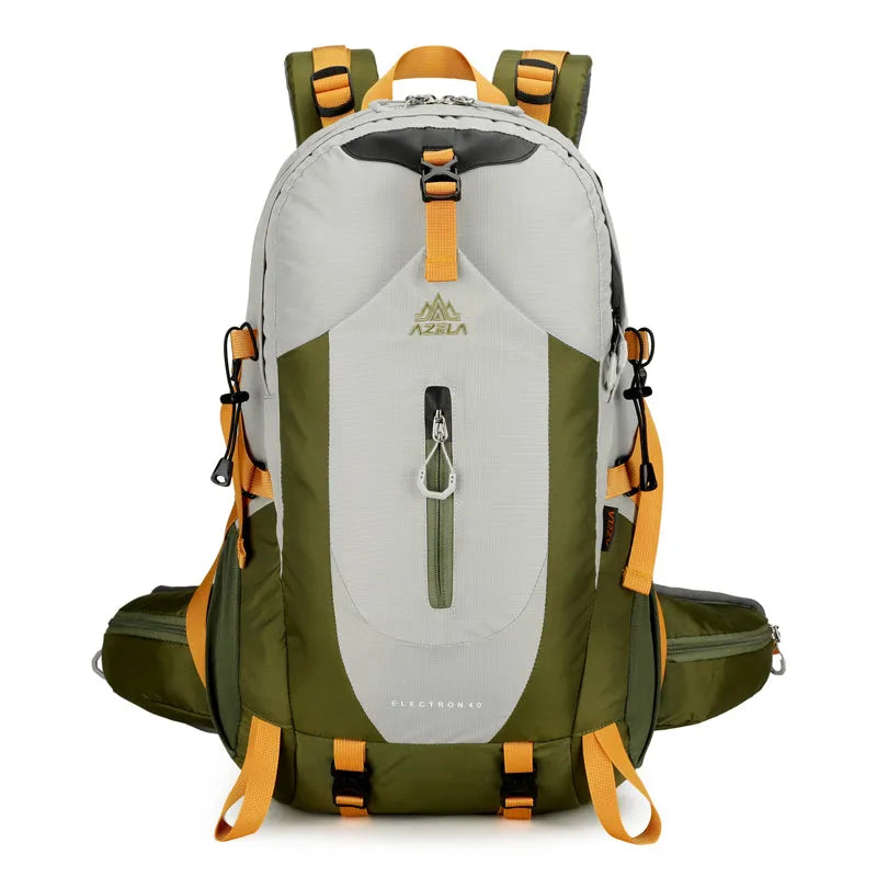 AZELA Electron 40L hiking backpack in white and navy with multiple compartments and adjustable straps