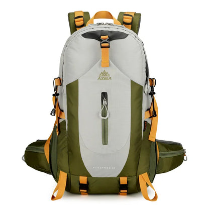 AZELA Electron 40L hiking backpack in white and navy with multiple compartments and adjustable straps