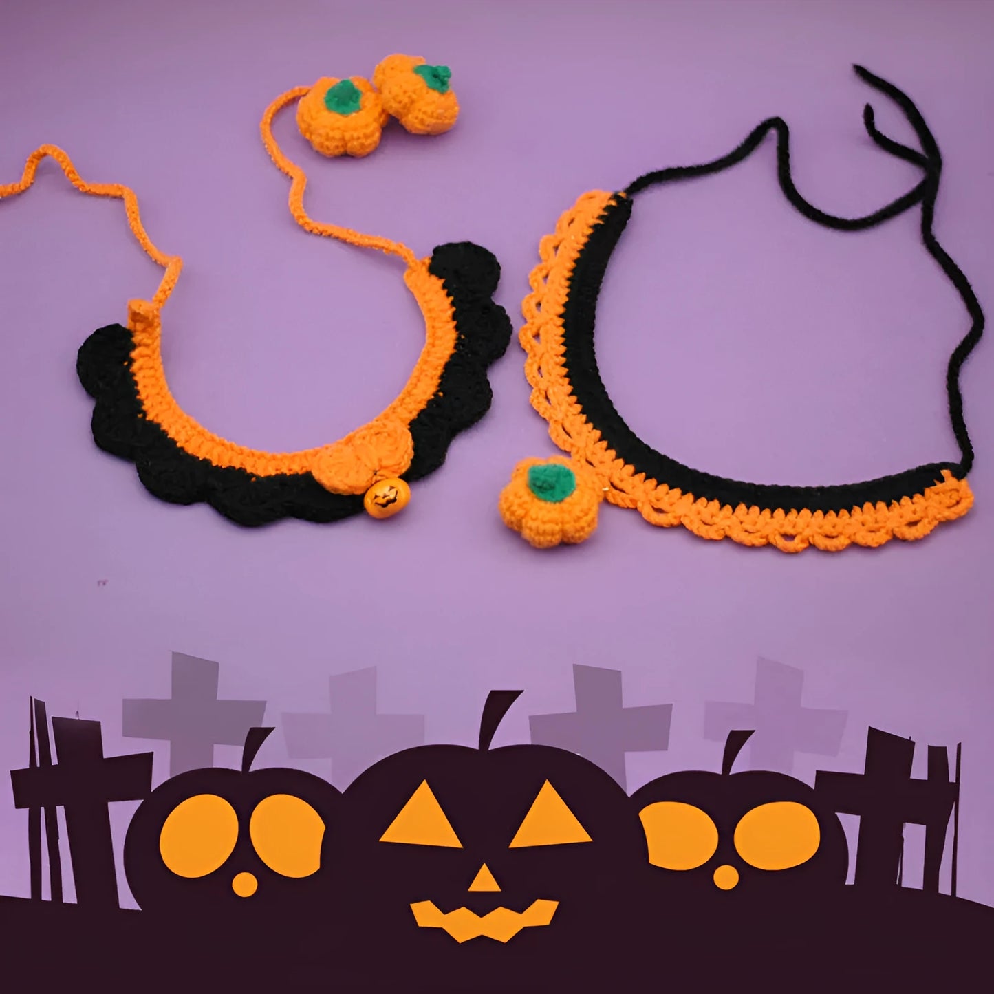 Hand crocheted wool Halloween pet collar for cats and dogs in pumpkin colours