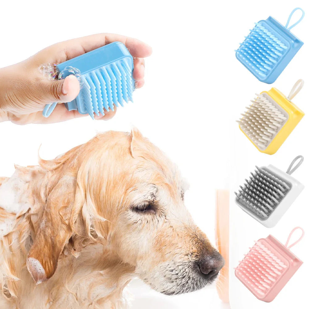 Multifunctional pet grooming brush with soft TPR combs in white, pink, blue, and yellow