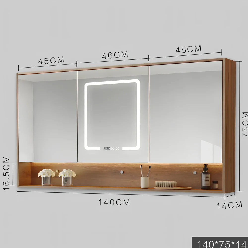 Wall-mounted bathroom mirror cabinet with LED lights and anti-fog technology in solid wood construction