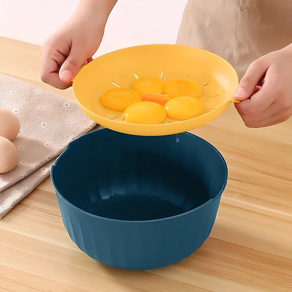 Blue and yellow kitchen egg separator with drainage channels for yolk and white separation