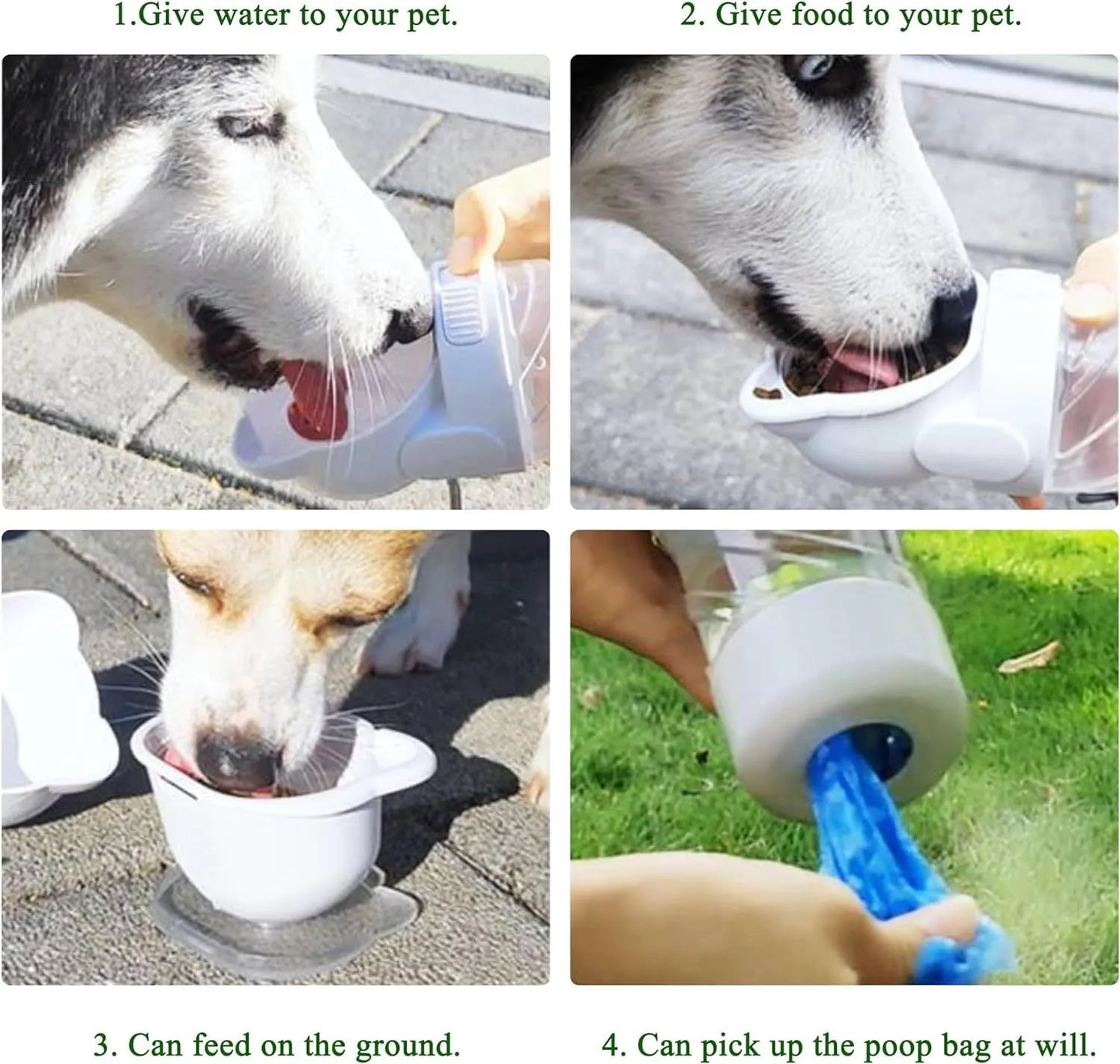 Green 3-in-1 pet water bottle showing water dispenser, food container, and waste bag compartment