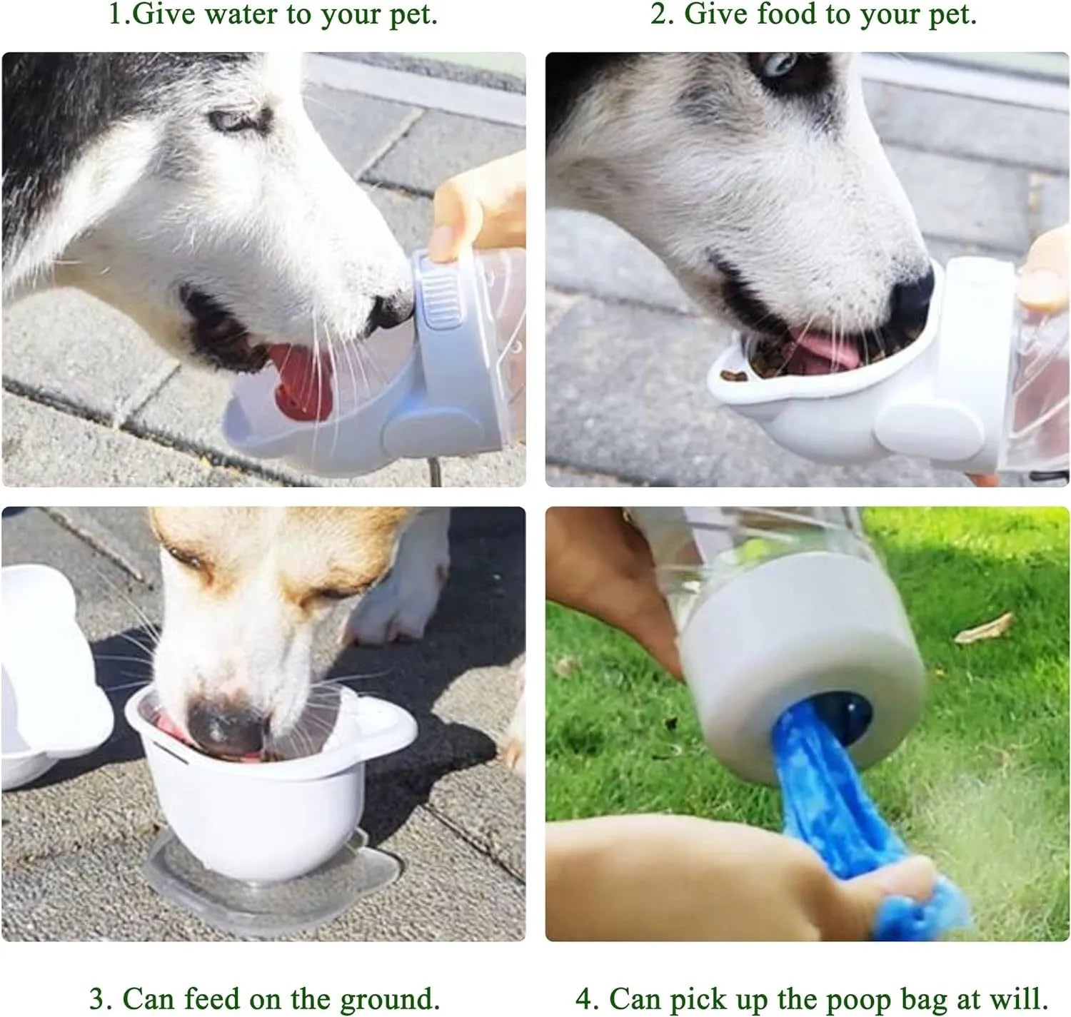 Green 3-in-1 pet water bottle showing water dispenser, food container, and waste bag compartment