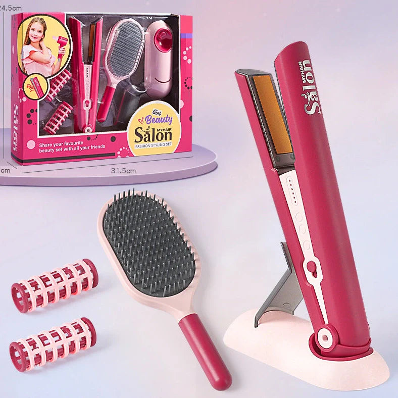 Children's plastic hair salon toy set with hair dryer and curler pieces for role-play