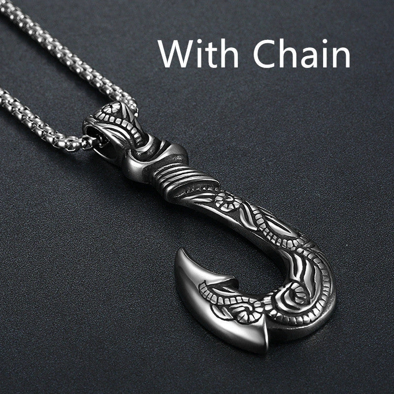 Vintage titanium steel fish hook pendant with snake chain, perfect for unisex fashion.