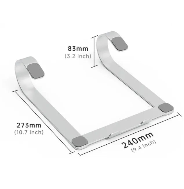 Silver aluminium alloy laptop stand with 260x240x150mm dimensions on wooden desk