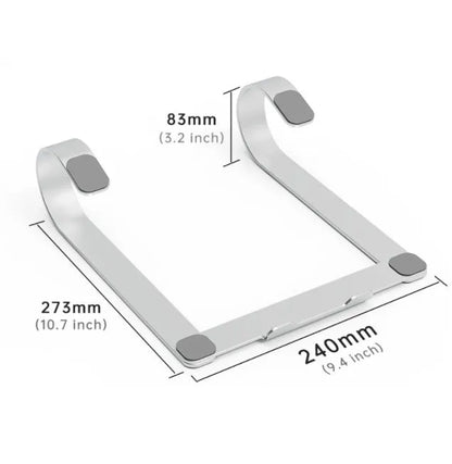 Silver aluminium alloy laptop stand with 260x240x150mm dimensions on wooden desk
