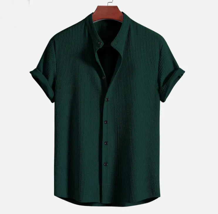 Men's loose short sleeve shirt in polyester, available in colours like wine red and navy blue, sizes S to 4XL