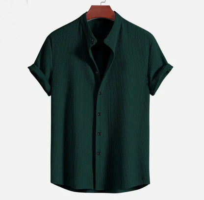 Men's loose short sleeve shirt in polyester, available in colours like wine red and navy blue, sizes S to 4XL