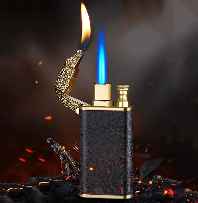 Metal dragon dolphin design double flame windproof lighter with blue jet fire