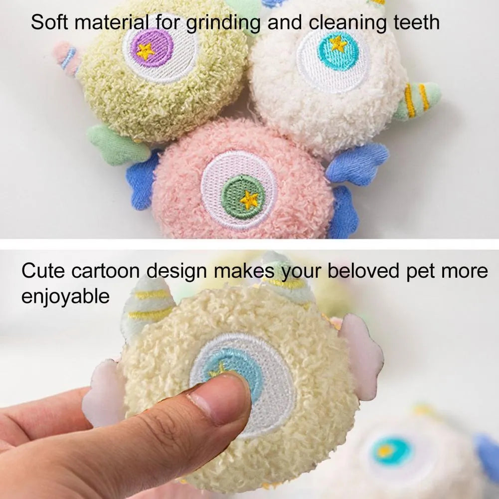 Cartoon-shaped plush dog chew toy with squeaker in grey, green, pink, white or yellow colours