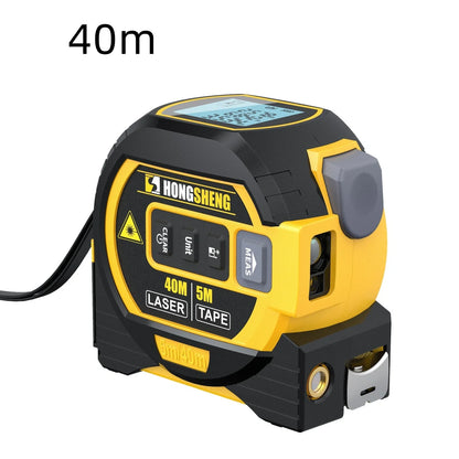 Blue 3-in-1 laser tape measure showing 5m tape extended and 60m infrared beam for construction ranging