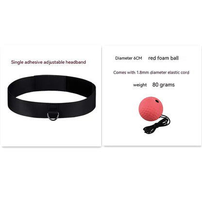Head-mounted boxing reaction ball trainer with adjustable headband and multiple coloured balls
