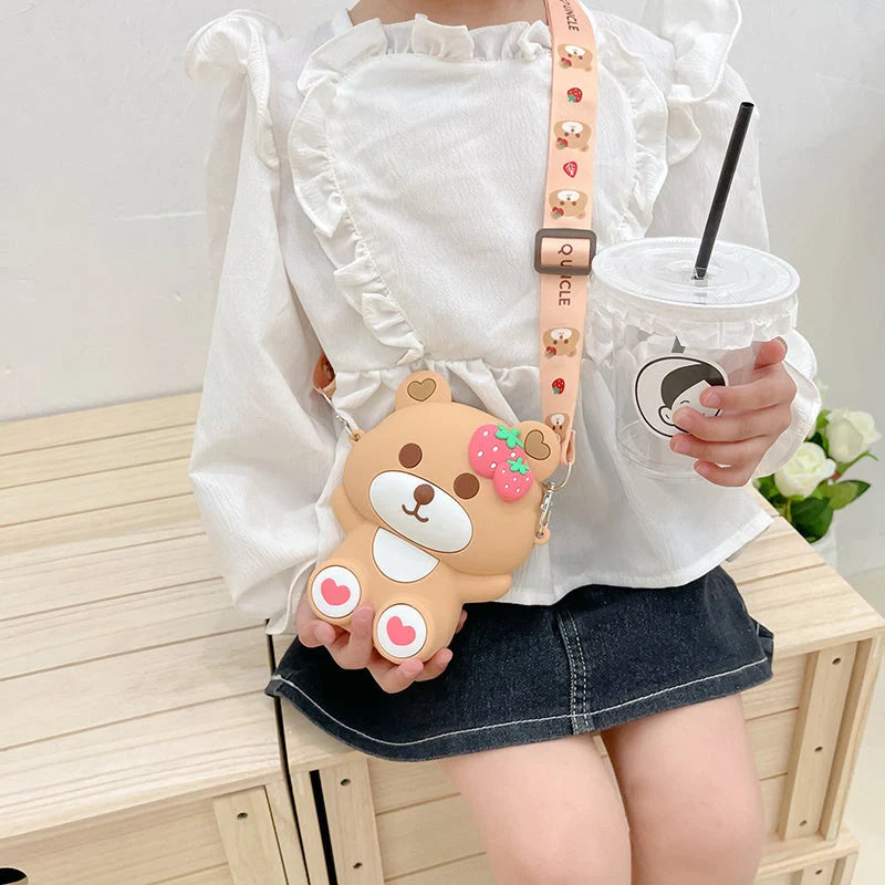 Cute strawberry bear shoulder bag for kids, perfect for daily outings and adventures.