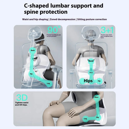 Grey lumbar support cushion on office chair showing 5cm thickness and ergonomic curve for lower back