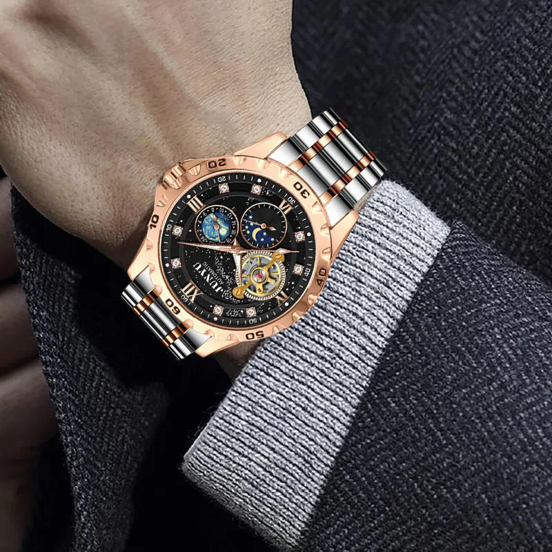 Men's automatic mechanical watch with luminous hands on starry sky dial in rose gold case