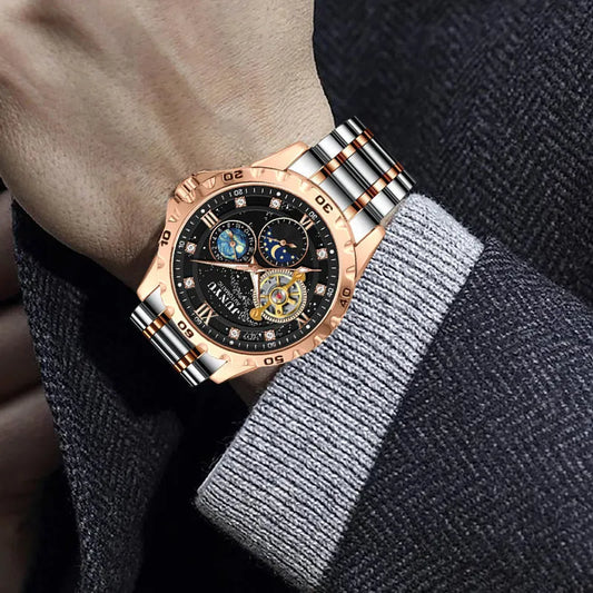 Men's automatic mechanical watch with luminous hands on starry sky dial in rose gold case