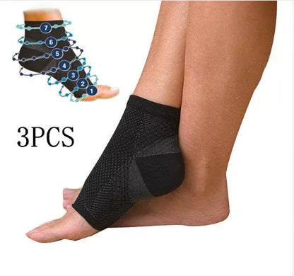 Anti-fatigue compression foot sleeves for men and women in black, red, and white