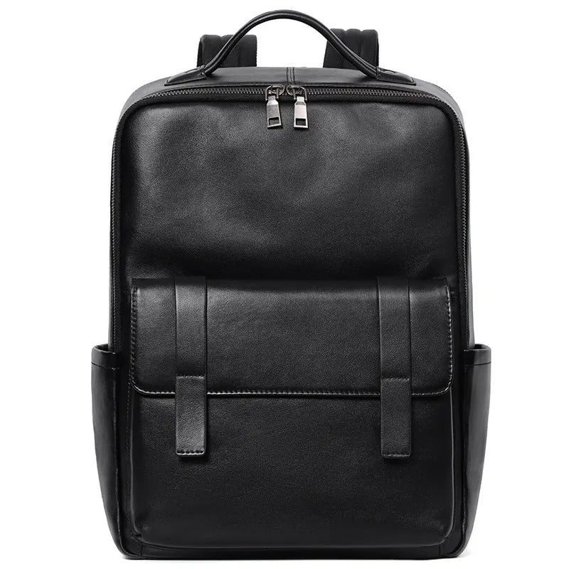 Men's genuine cowhide leather computer backpack in black with 36-55 litre capacity
