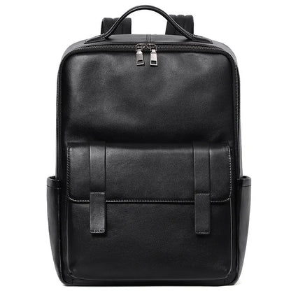 Men's genuine cowhide leather computer backpack in black with 36-55 litre capacity