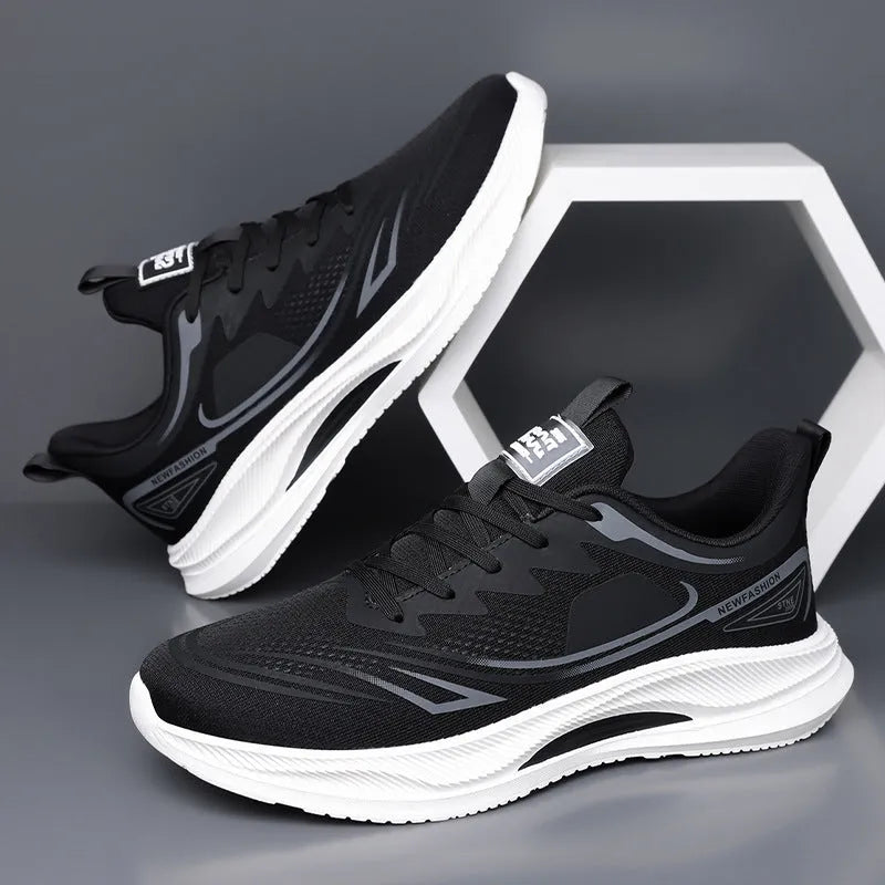 Men's casual summer shoes in black with mesh upper and rubber sole, low-top design