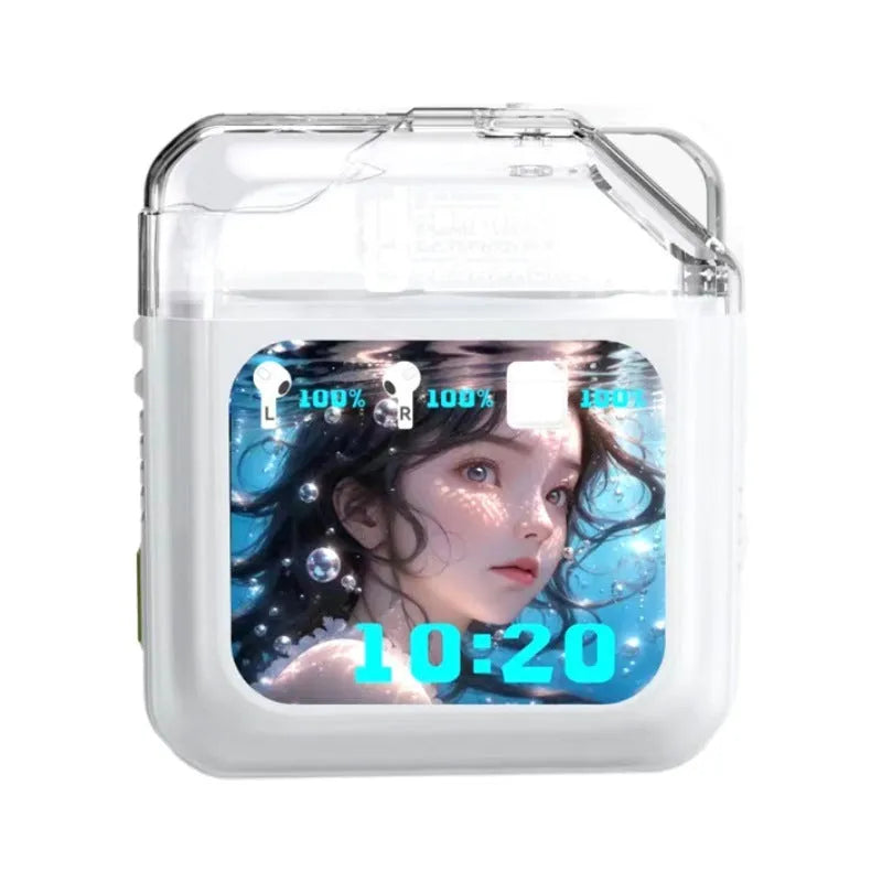 Grey and white Bluetooth headsets with colour display screens and in-ear design