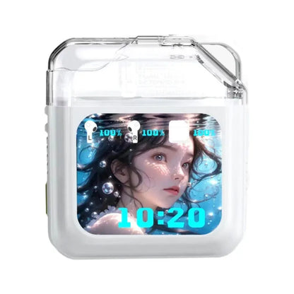 Grey and white Bluetooth headsets with colour display screens and in-ear design
