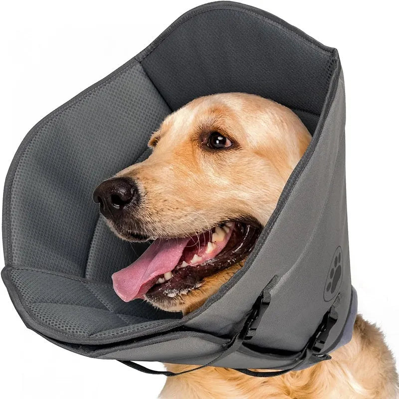 Adjustable pet sterilization collar ring in polyester, showing L, M, XL sizing options for wound protection