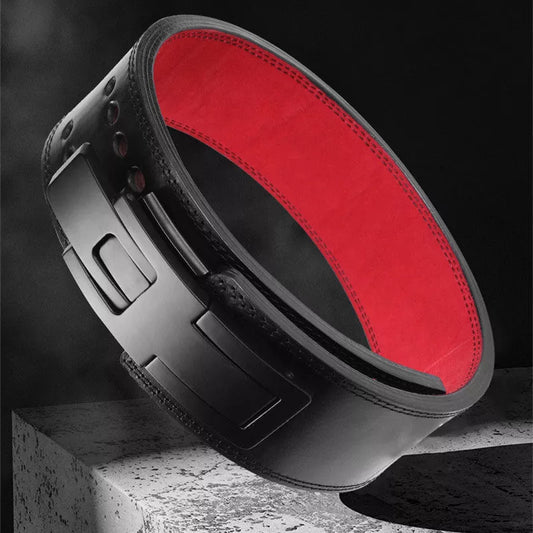 Professional fitness squat waist support belt in black cowhide with adjustable sizing