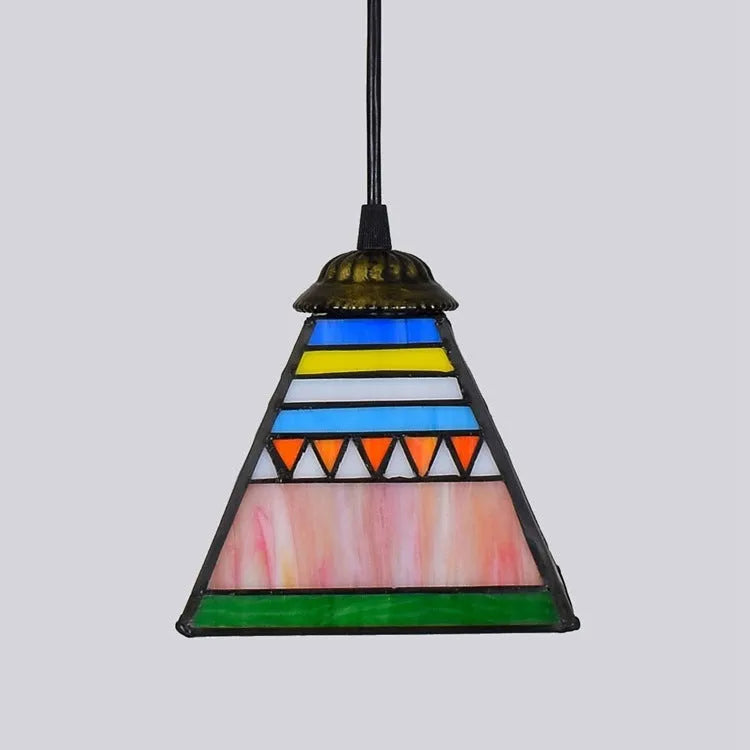 Art stained glass small droplight pendant light with coloured glass lampshade and iron ceiling plate, 15cm diameter 90cm height droplight with E27 lamp fitting for single 40W light source, European-style chandelier lighting