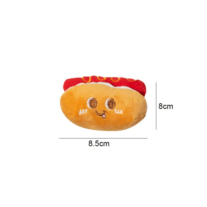 Soft kitten teething chew toy in food-themed hamburger chicken leg bread fries or hot dog design